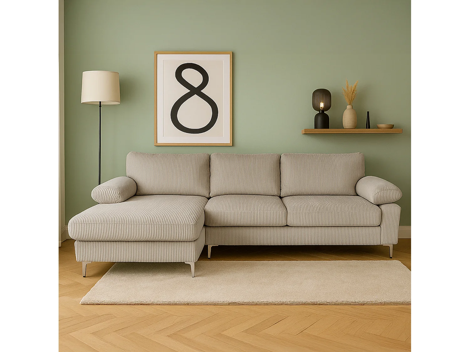 Canapé d'angle 4-5 places méridienne gauche velours côtelé beige GALWAY