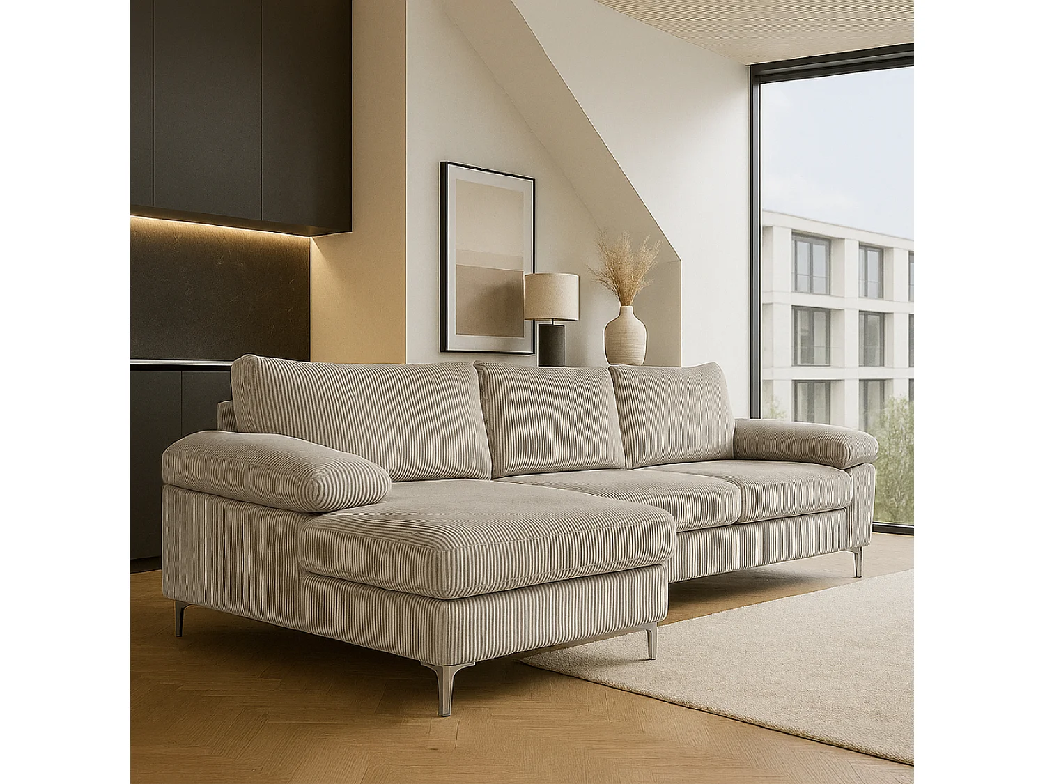 Canapé d'angle 4-5 places méridienne gauche velours côtelé beige GALWAY