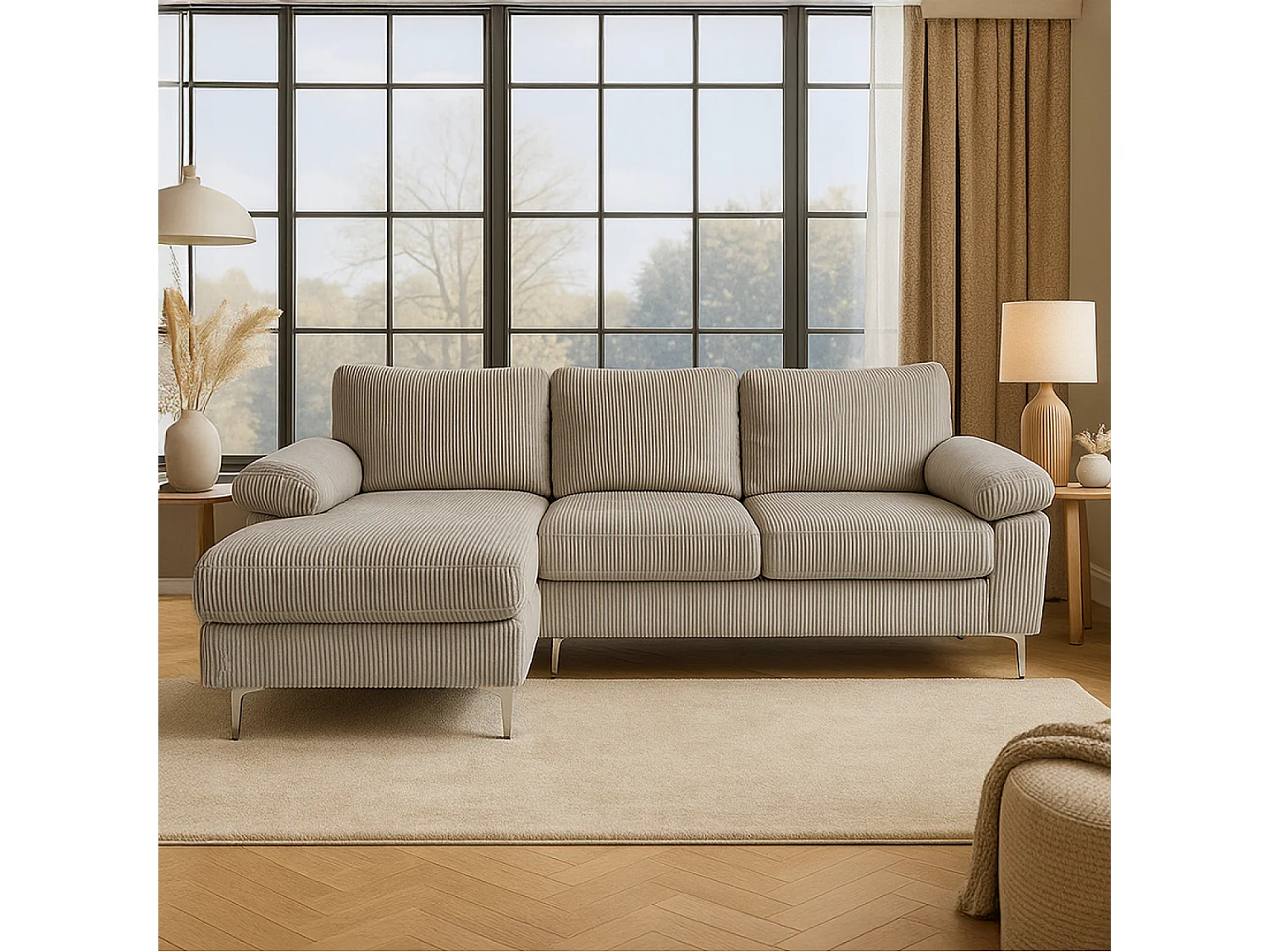 Canapé d'angle 4-5 places méridienne gauche velours côtelé beige GALWAY