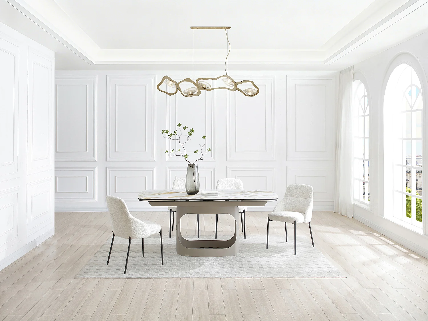 Table à manger extensible 6 à 10 personnes en céramique, verre trempé et métal taupe - Effet marbre blanc - DAVULO de Maison Céphy