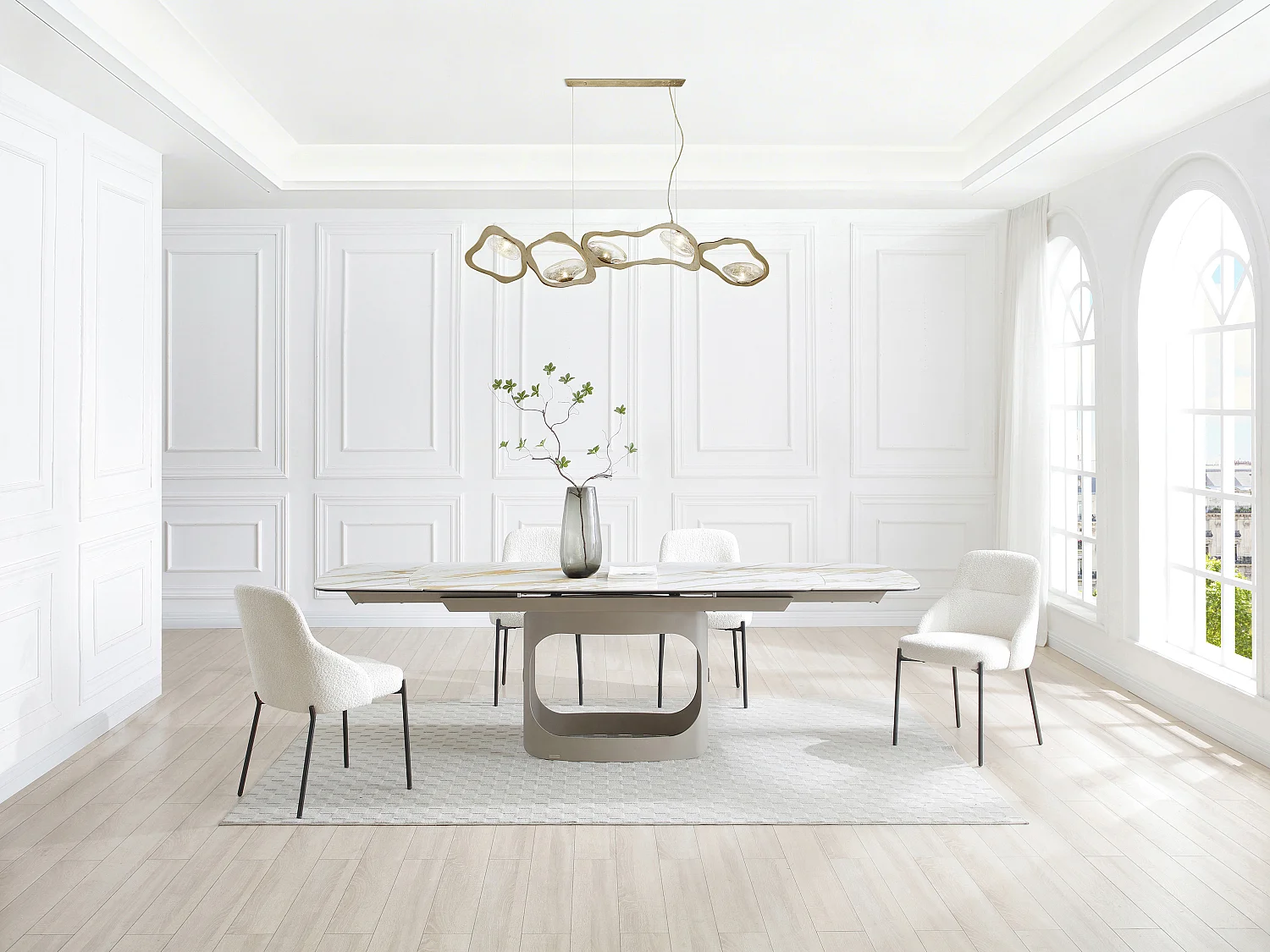 Tavolo da pranzo allungabile da 6 a 10 persone in ceramica, vetro temperato e metallo talpa - Effetto marmo bianco - DAVULO di Maison Céphy