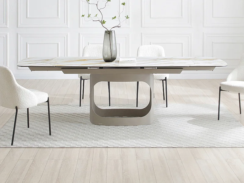 Esstisch ausziehbar 6-10 Personen - Keramik, Sicherheitsglas & Metall Taupe - Marmoroptik Weiß - DAVULO de Maison Céphy