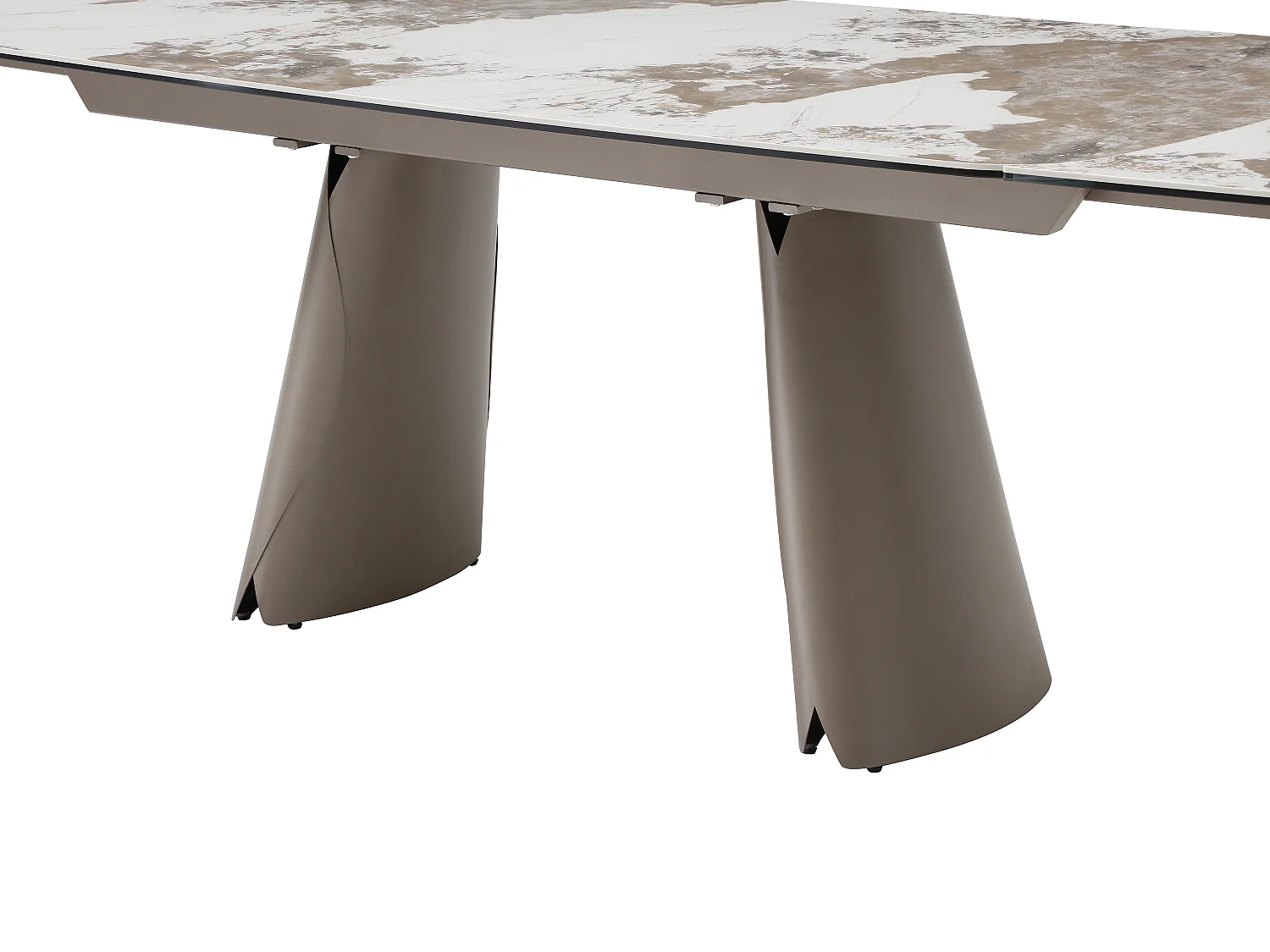 Tavolo da pranzo allungabile da 6 a 10 persone in ceramica, vetro temperato e metallo bronzo - Effetto marmo bianco e grigio - FARUDI di Maison Céphy