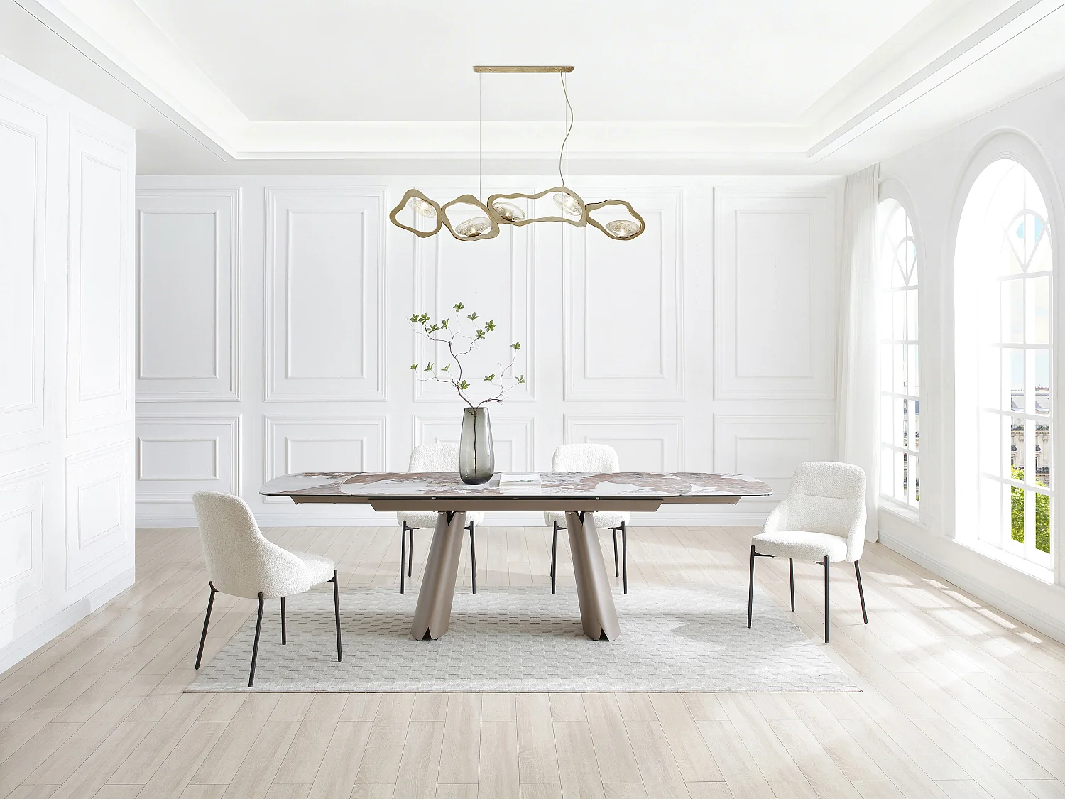 Tavolo da pranzo allungabile da 6 a 10 persone in ceramica, vetro temperato e metallo bronzo - Effetto marmo bianco e grigio - FARUDI di Maison Céphy