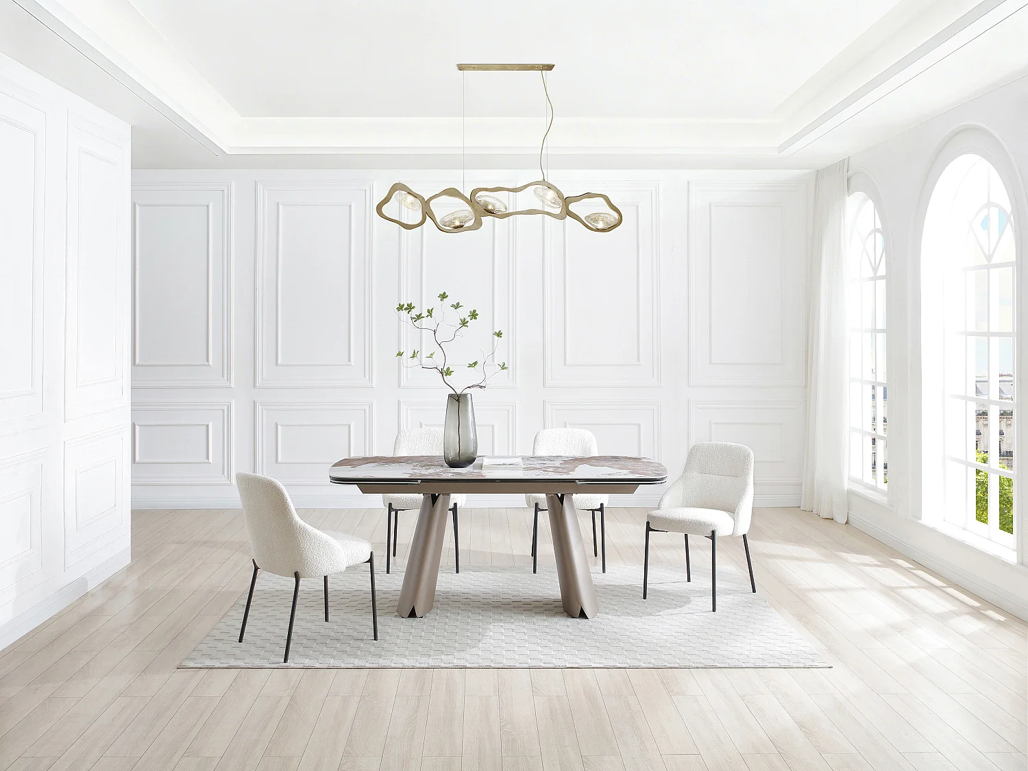 Tavolo da pranzo allungabile da 6 a 10 persone in ceramica, vetro temperato e metallo bronzo - Effetto marmo bianco e grigio - FARUDI di Maison Céphy