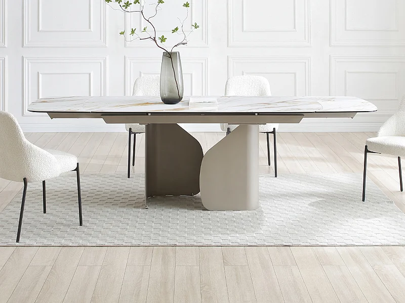 Table à manger extensible 6 à 10 personnes en céramique, verre trempé et métal taupe - Effet marbre blanc - CAMUVO de Maison Céphy