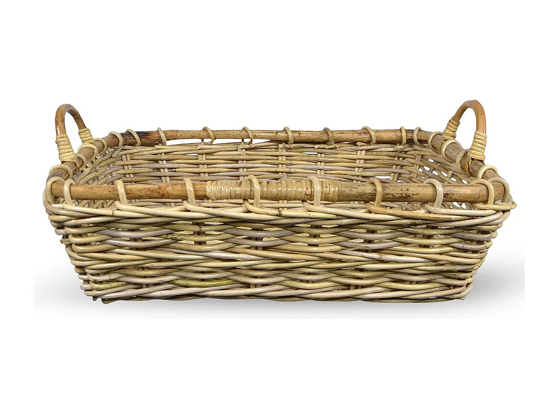 Cesto contenitore rettangolare in legno di giunco con manici cm 48 x 37 x h 15