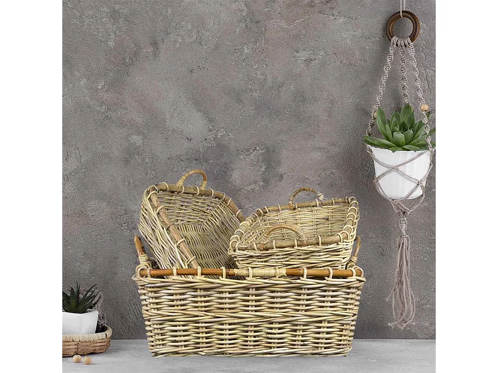 Cesto contenitore rettangolare in legno di giunco con manici cm 48 x 37 x h 15