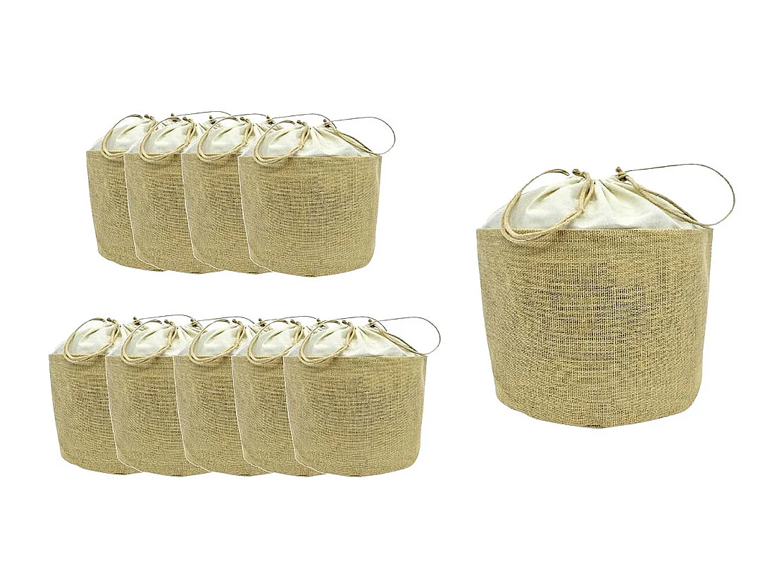 Lot de 10 sacs ronds en jute avec fermeture à cordon h 26 cm x 25 cm résistant