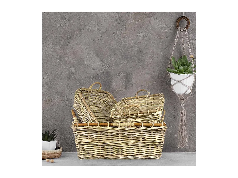 Panier rectangulaire en bois de jonc avec poignées cm 70 x 59 x h 27