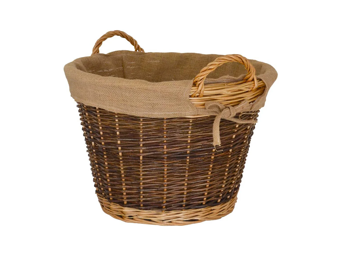 Cesta redonda para exposición de leña hecha de madera de corteza con forro de yute