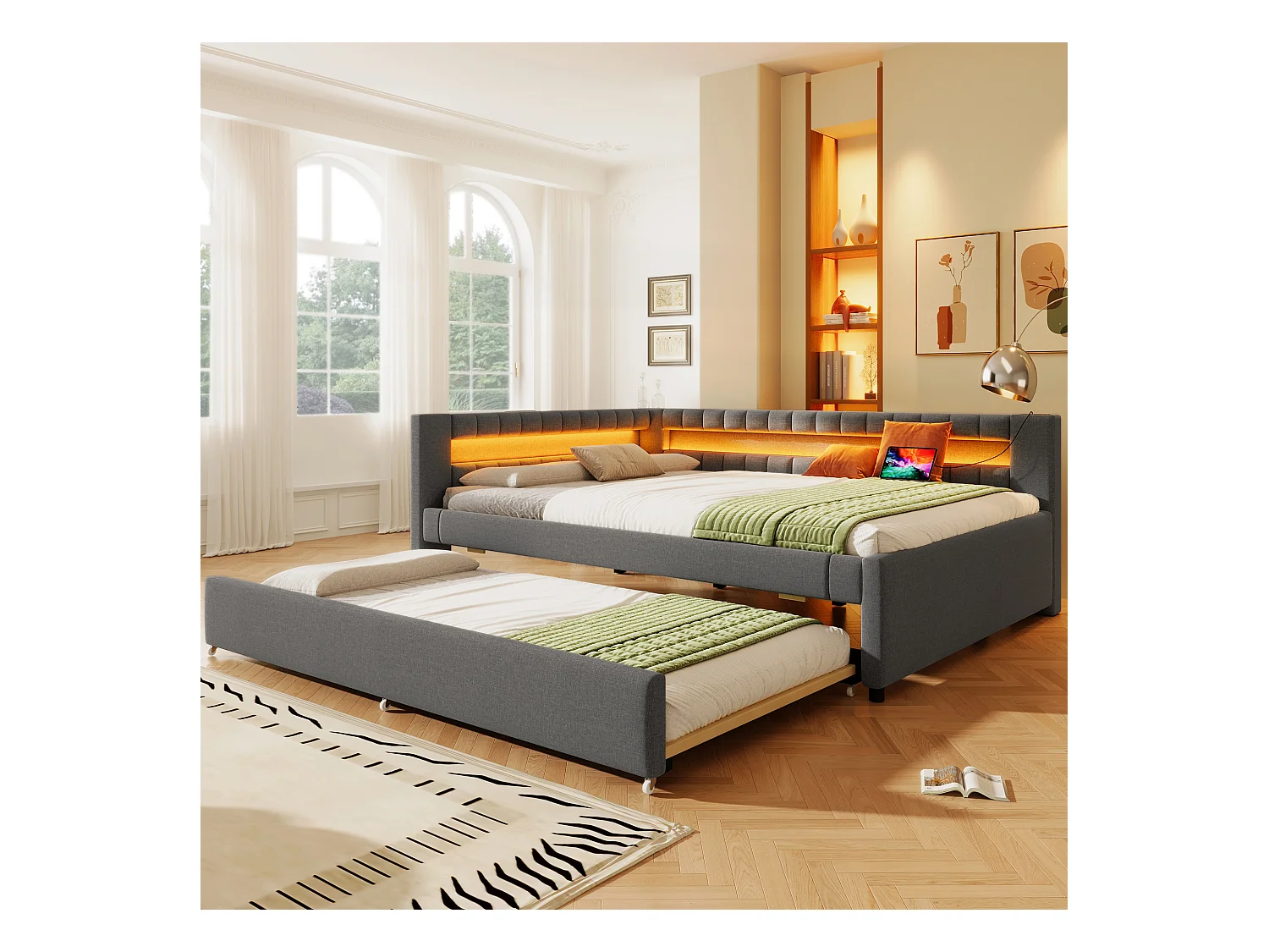 Schlafsofa 140x200 cm – mit LED-Beleuchtung – mit Ausziehbett – mit USB + Typ-C – Leinen – Grau (ohne Matratze)