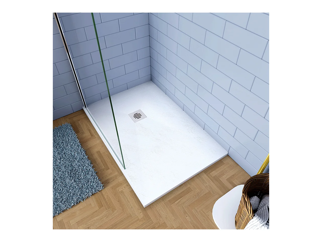 Piatto Doccia Bianco 90x100cm In Resina E Marmo Mista Effetto Ardesia Ruvido Piletta E Tubo Inclusi Spessore Di 3 Cm