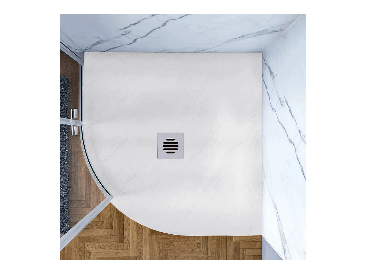 Piatto Doccia Semicircolare Bianco 90x90x3 cm in Minerale e Mesina Mista Effetto Ardesia Ruvido Piletta e Tubo inclusi