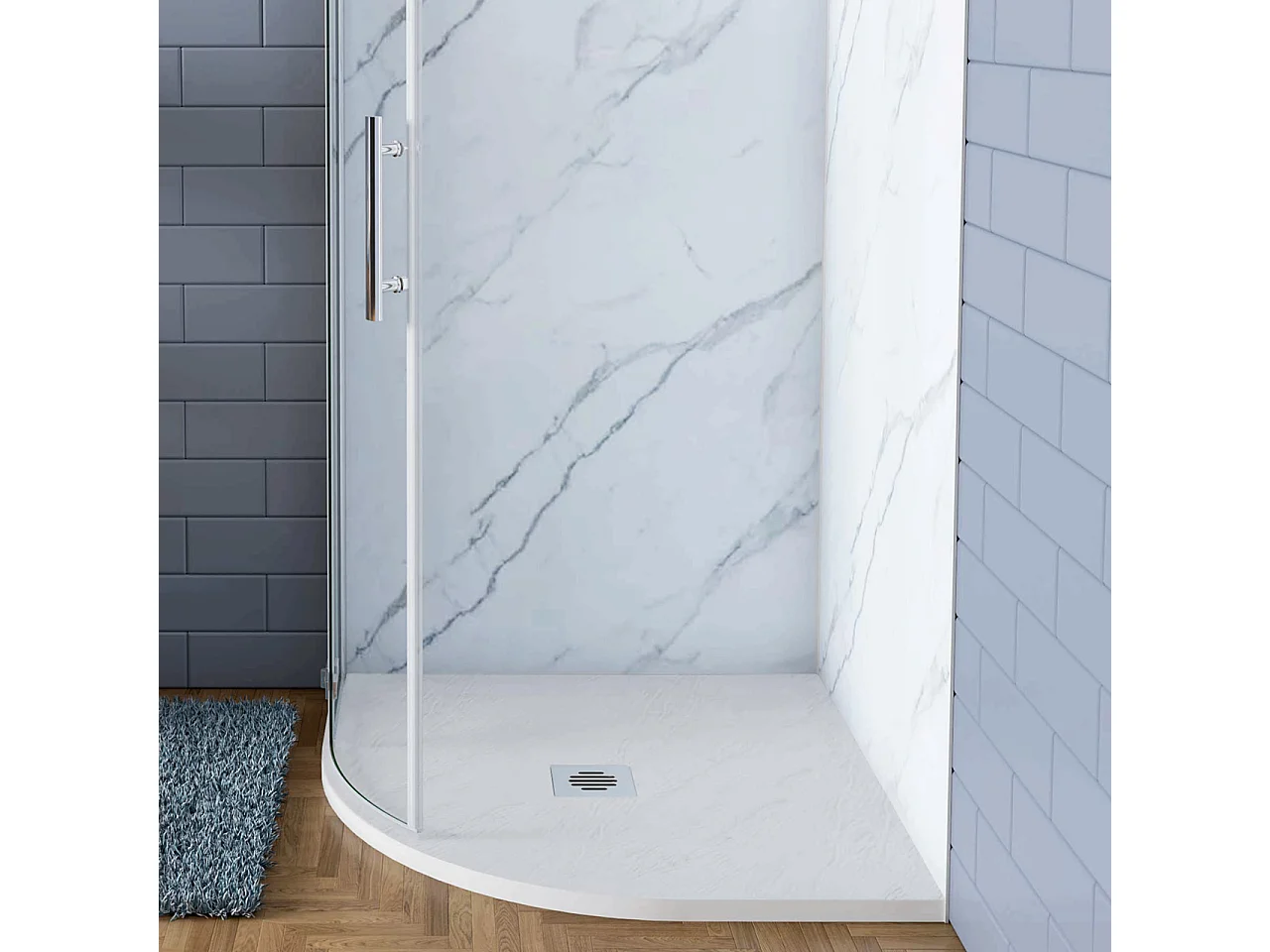 Piatto Doccia Semicircolare Bianco 90x90x3 cm in Minerale e Mesina Mista Effetto Ardesia Ruvido Piletta e Tubo inclusi