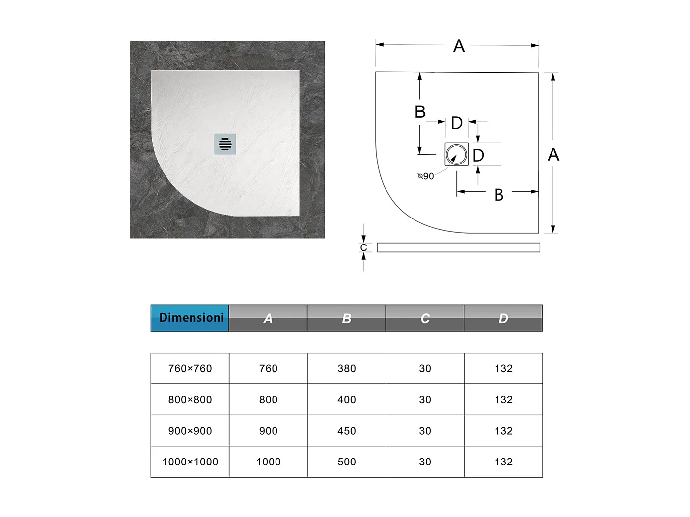 Piatto Doccia Semicircolare Bianco 90x90x3 cm in Minerale e Mesina Mista Effetto Ardesia Ruvido Piletta e Tubo inclusi