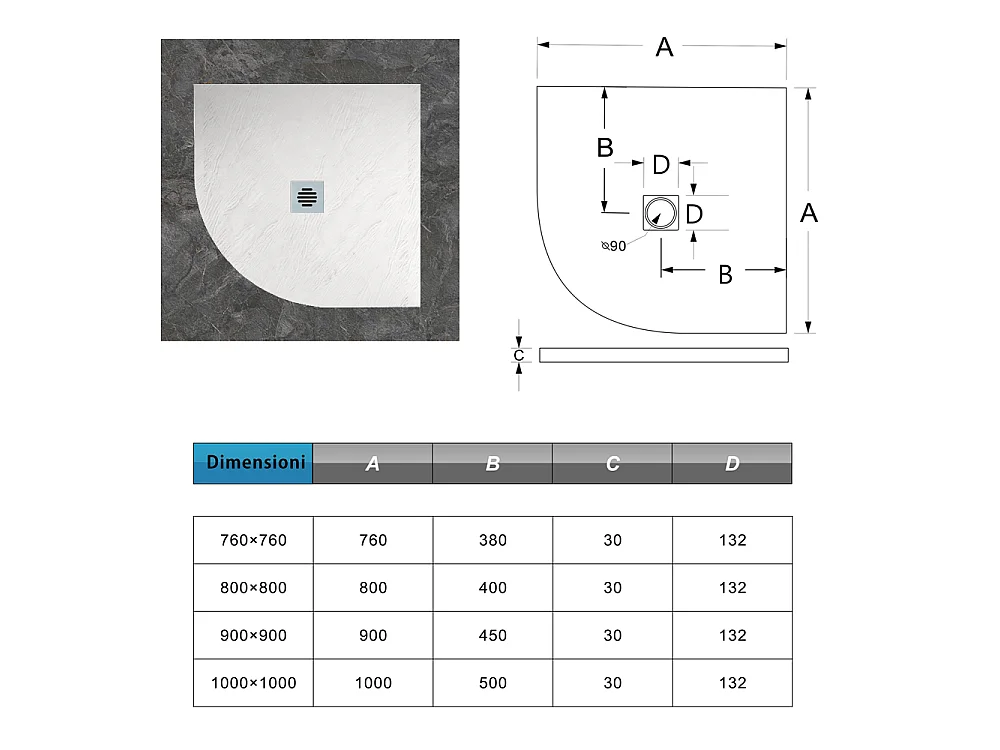 Piatto Doccia Semicircolare Bianco 90x90x3 cm in Minerale e Mesina Mista Effetto Ardesia Ruvido Piletta e Tubo inclusi