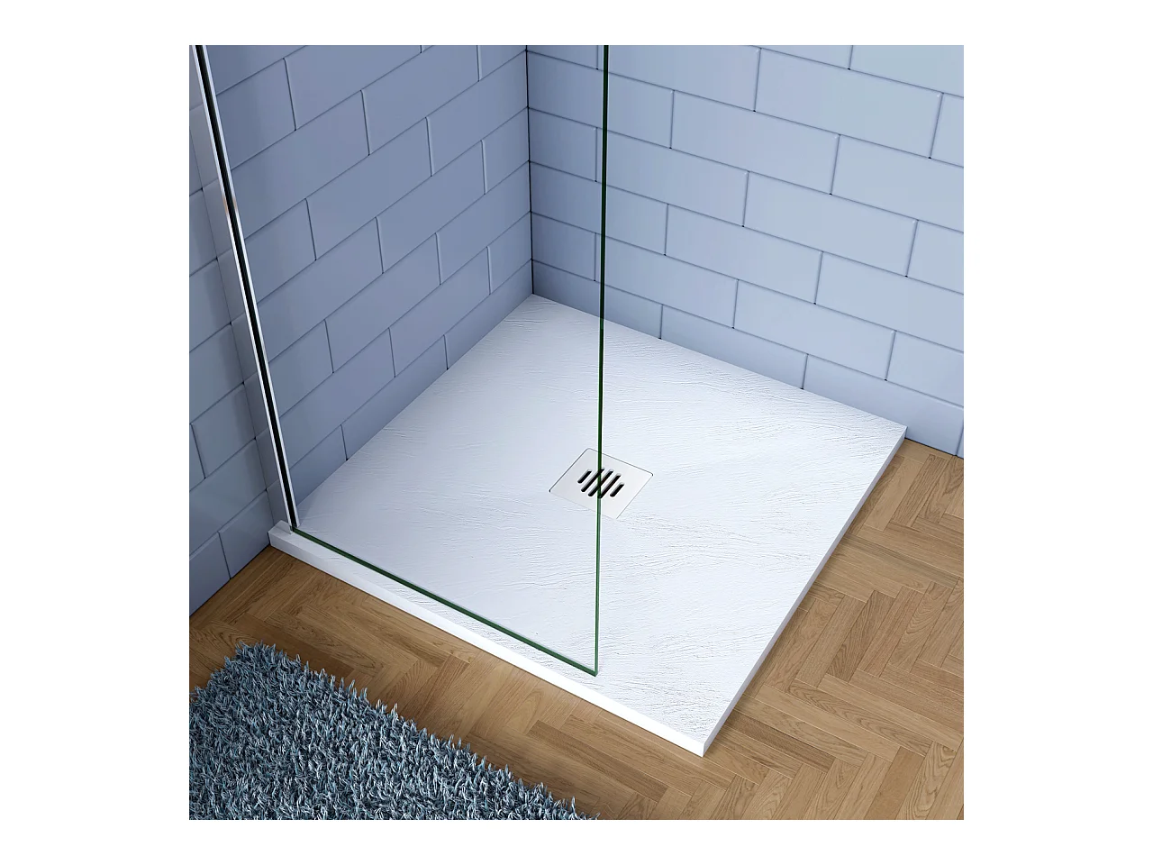 Piatto Doccia Bianco 76x76cm di Spessore da 3 cm in Pietra Artificiale e Mesina Mista Effetto Ardesia Ruvido Piletta e Tubo inclusi