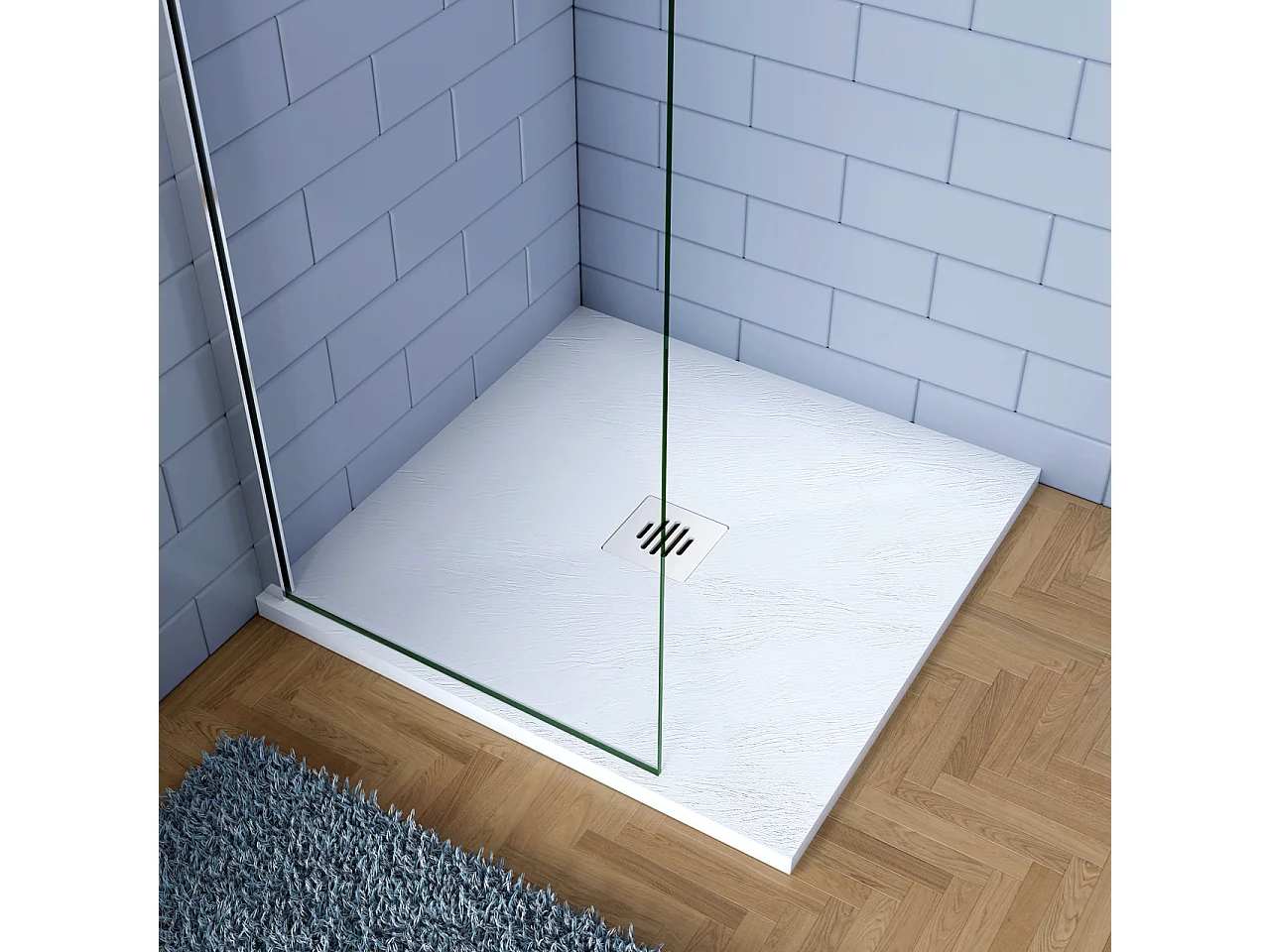 Piatto Doccia Bianco 76x76cm di Spessore da 3 cm in Pietra Artificiale e Mesina Mista Effetto Ardesia Ruvido Piletta e Tubo inclusi