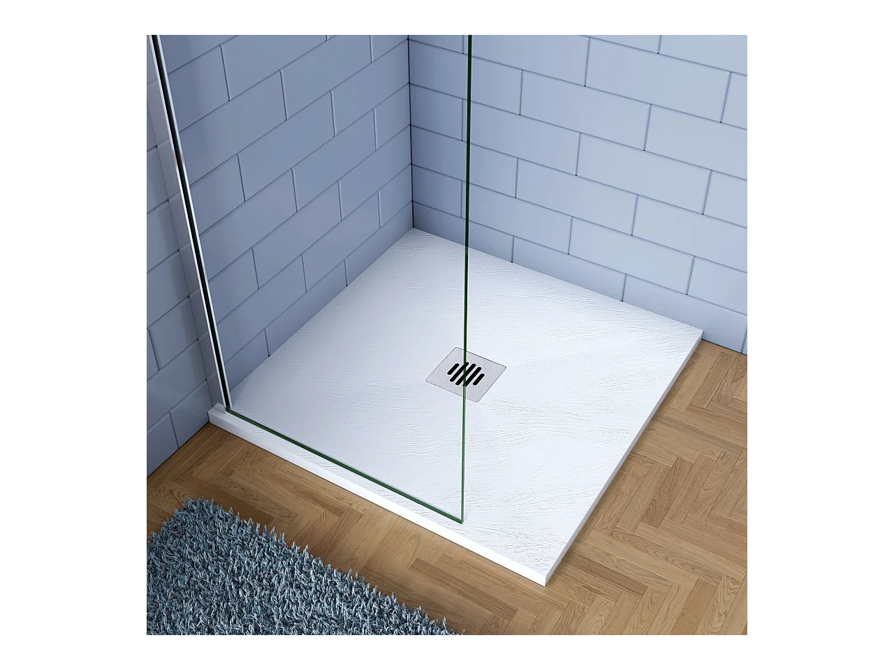 Piatto Doccia Bianco 80x80cm In Resina E Marmo Mista Effetto Ardesia Ruvido Piletta E Tubo Inclusi Spessore Di 3 Cm