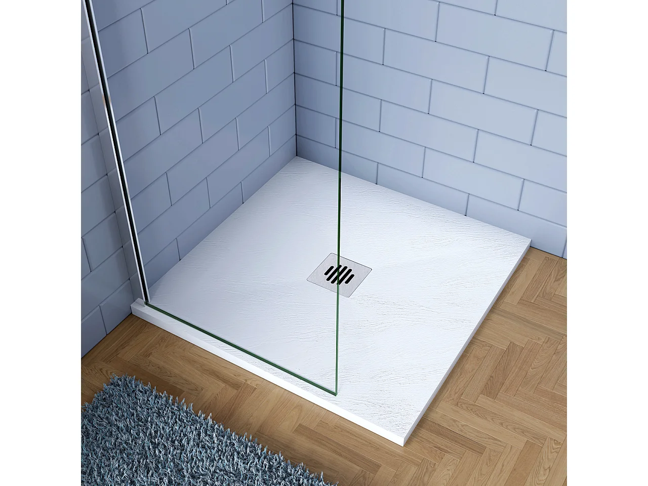 Piatto Doccia Bianco 80x80cm In Resina E Marmo Mista Effetto Ardesia Ruvido Piletta E Tubo Inclusi Spessore Di 3 Cm