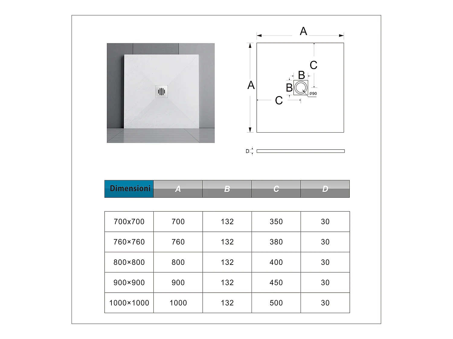 Piatto Doccia Bianco 80x80cm Di Spessore Da 3 Cm In Resina E Marmo Mista Effetto Ardesia Ruvido Piletta E Tubo Inclusi