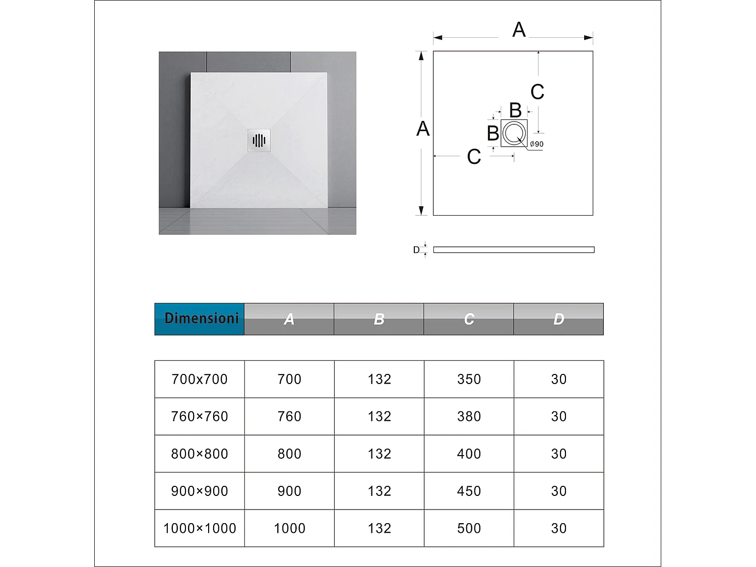 Piatto Doccia Bianco 80x80cm Di Spessore Da 3 Cm In Resina E Marmo Mista Effetto Ardesia Ruvido Piletta E Tubo Inclusi