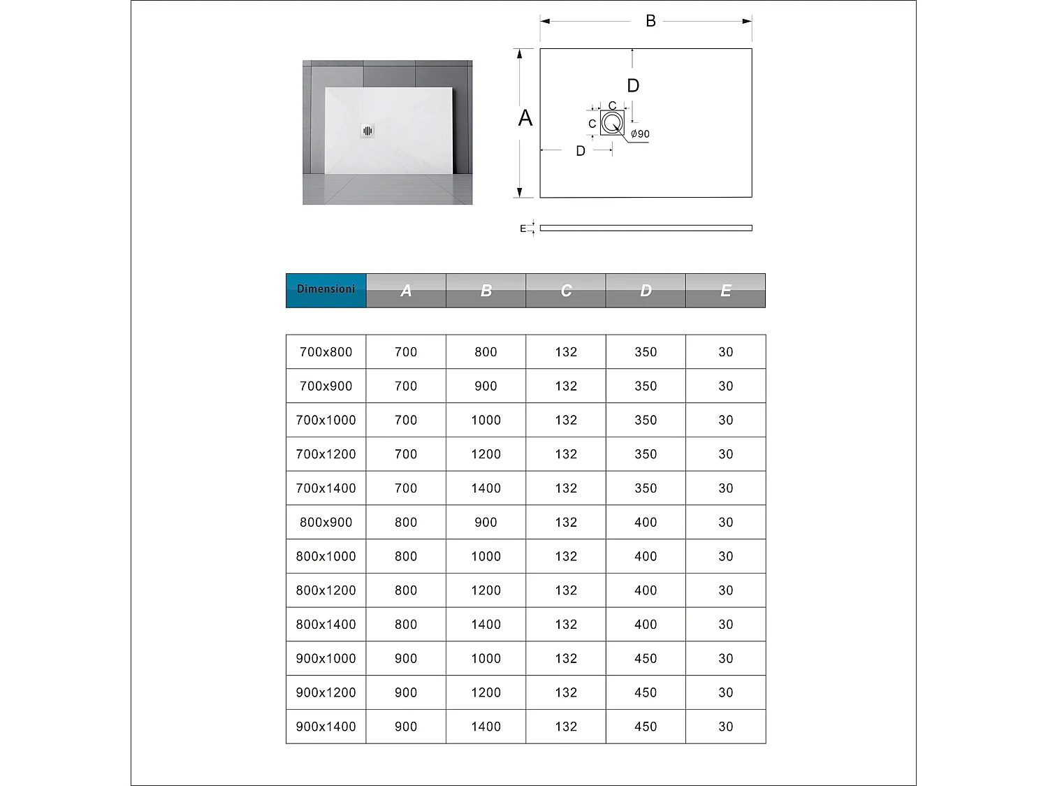 Piatto Doccia Bianco 90x140cm di Spessore da 3 cm in Pietra Artificiale e Mesina Mista Effetto Ardesia Ruvido Piletta e Tubo inclusi