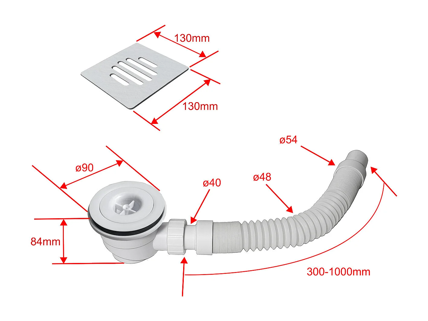 Piatto Doccia Bianco 90x90cm in Pietra Artificiale e Mesina Mista Effetto Ardesia Ruvido Piletta e Tubo inclusi Spessore di 3 cm