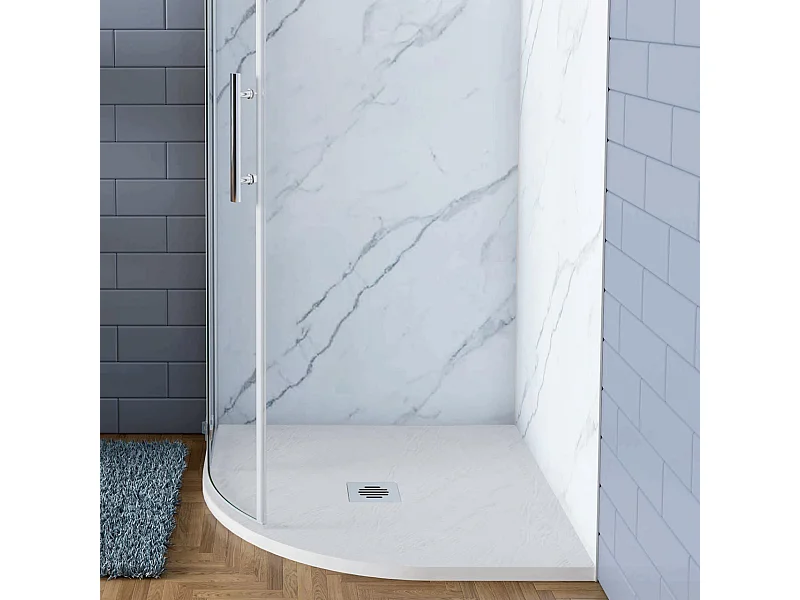 Piatto Doccia Semicircolare Bianco 80x80x3 cm in Minerale e Mesina Mista Effetto Ardesia Ruvido Piletta e Tubo inclusi