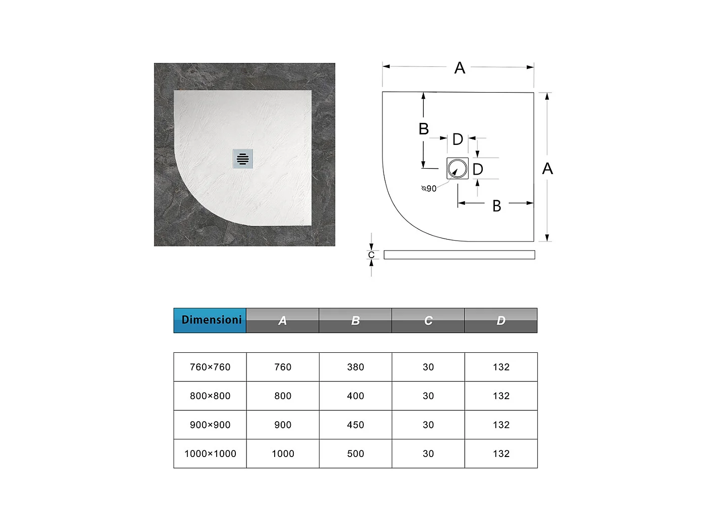 Piatto Doccia Semicircolare Bianco 80x80x3 cm in Minerale e Mesina Mista Effetto Ardesia Ruvido Piletta e Tubo inclusi