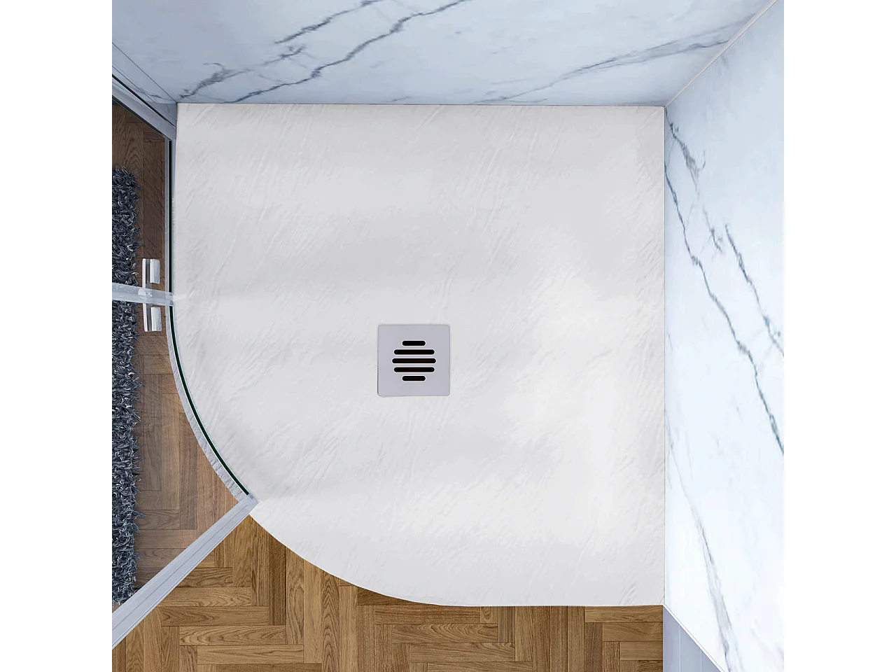 Piatto Doccia Semicircolare Bianco 80x80x3 cm in Minerale e Mesina Mista Effetto Ardesia Ruvido Piletta e Tubo inclusi