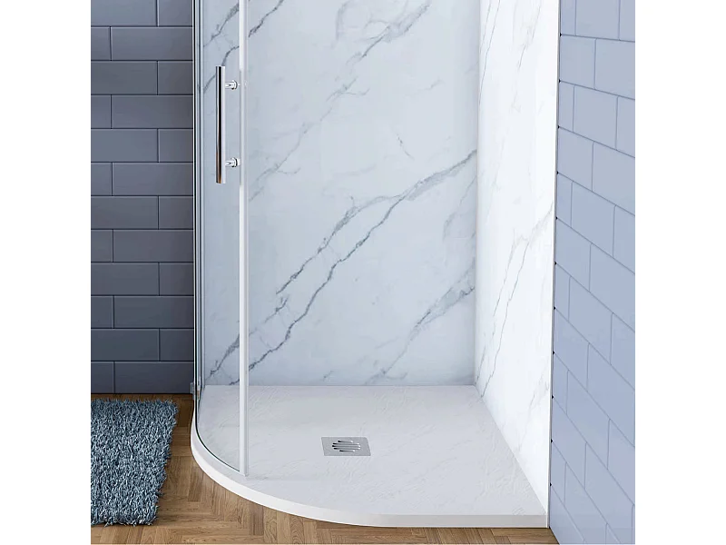 Piatto Doccia Bianco 80x80x3cm Semicircolare in Pietra Artificiale e Mesina Mista Effetto Ardesia Ruvido Piletta e Tubo inclusi