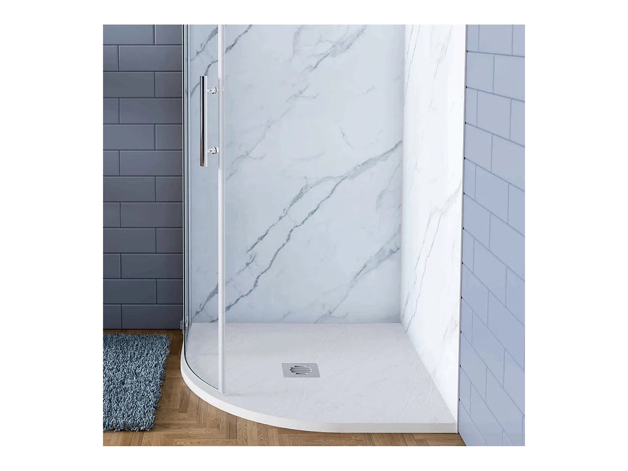 Piatto Doccia Bianco 90x90x3cm Semicircolare in Pietra Artificiale e Mesina Mista Effetto Ardesia Ruvido Piletta e Tubo inclusi