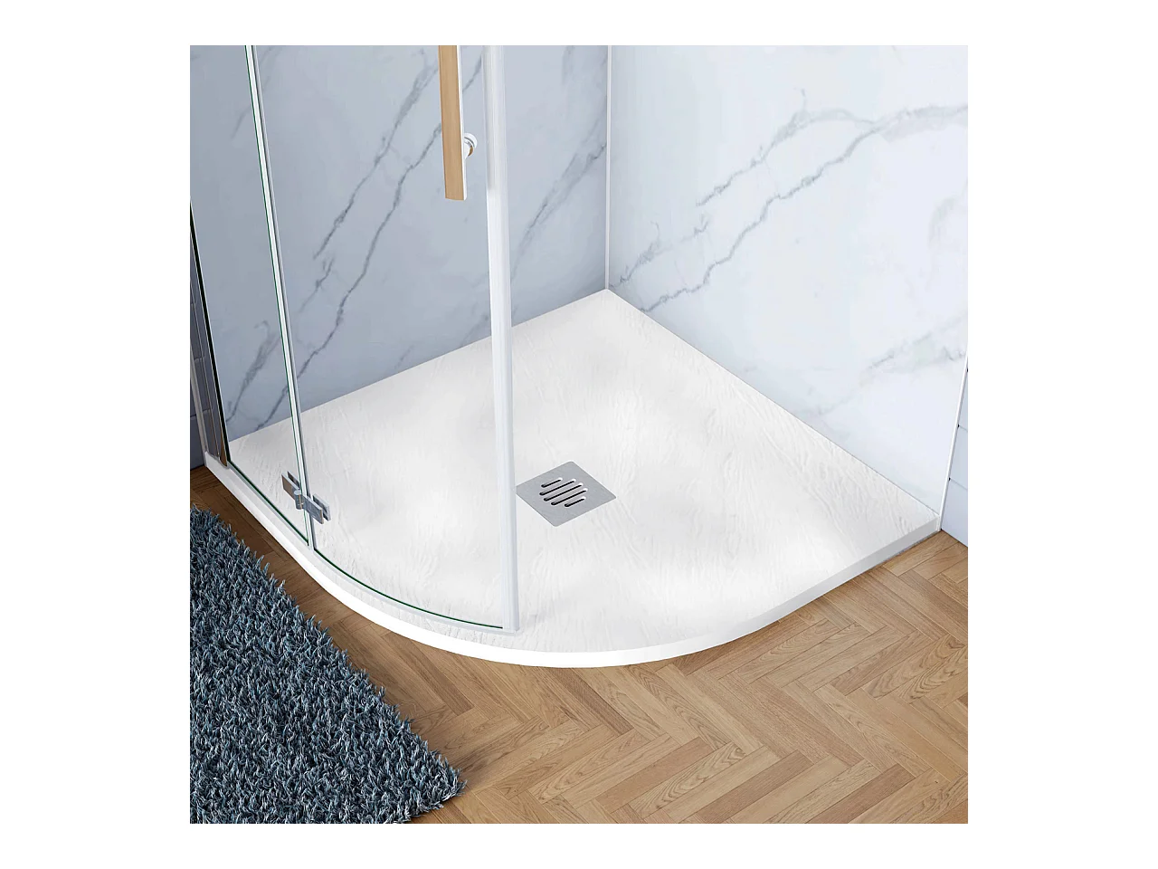 Piatto Doccia Bianco 90x90x3cm Semicircolare in Pietra Artificiale e Mesina Mista Effetto Ardesia Ruvido Piletta e Tubo inclusi