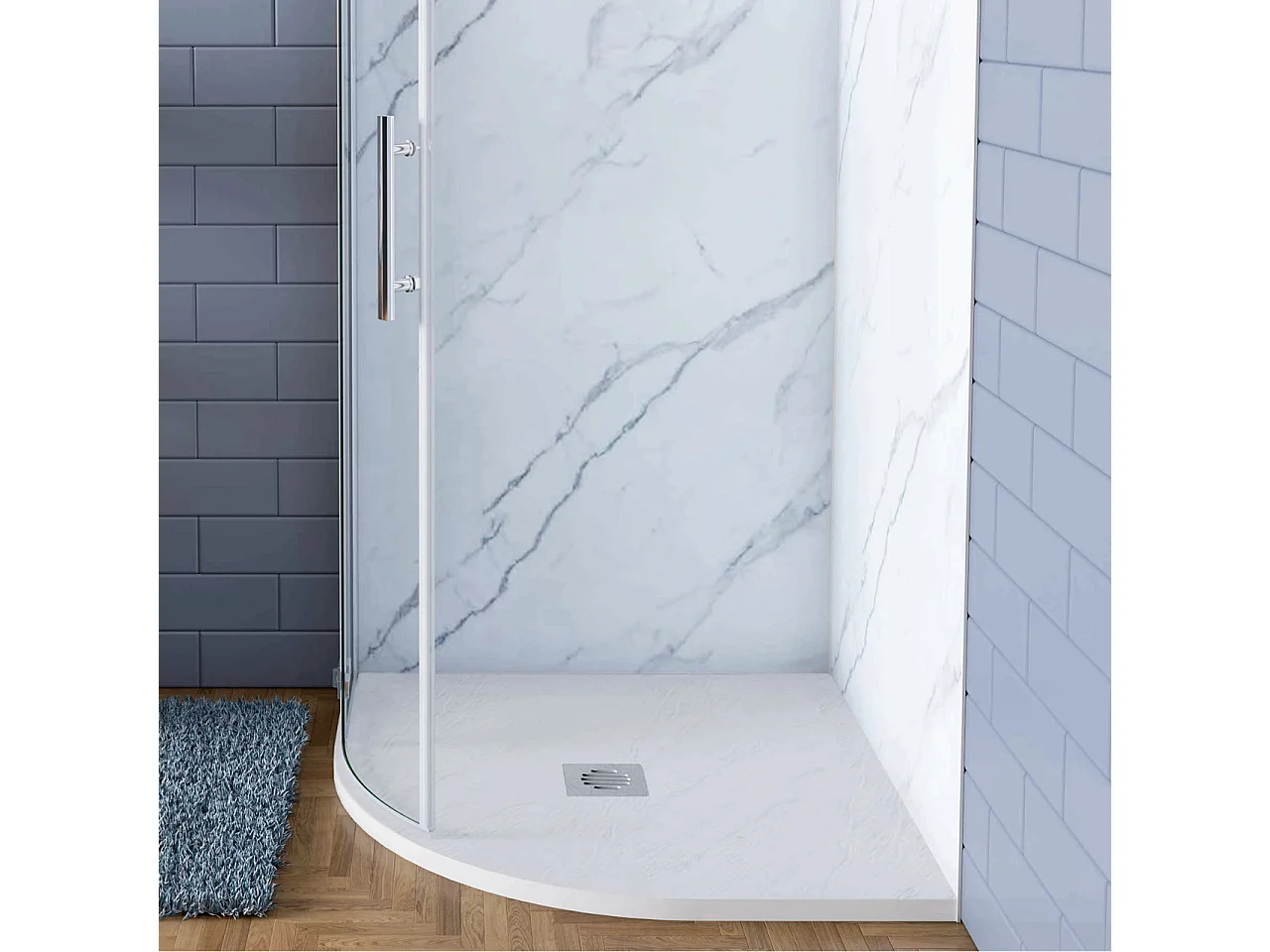 Piatto Doccia Bianco 90x90x3cm Semicircolare in Pietra Artificiale e Mesina Mista Effetto Ardesia Ruvido Piletta e Tubo inclusi