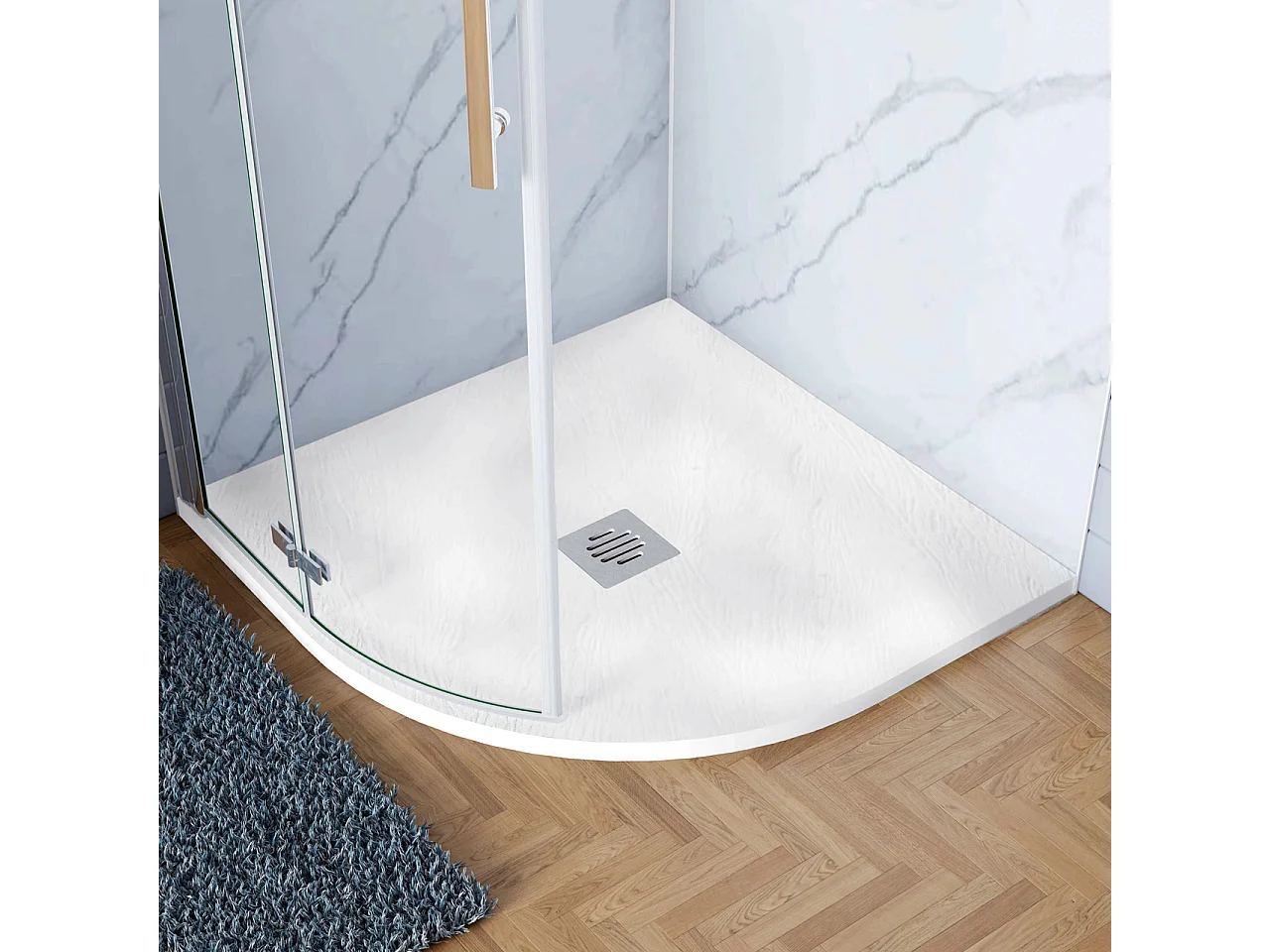 Piatto Doccia Bianco 90x90x3cm Semicircolare in Pietra Artificiale e Mesina Mista Effetto Ardesia Ruvido Piletta e Tubo inclusi