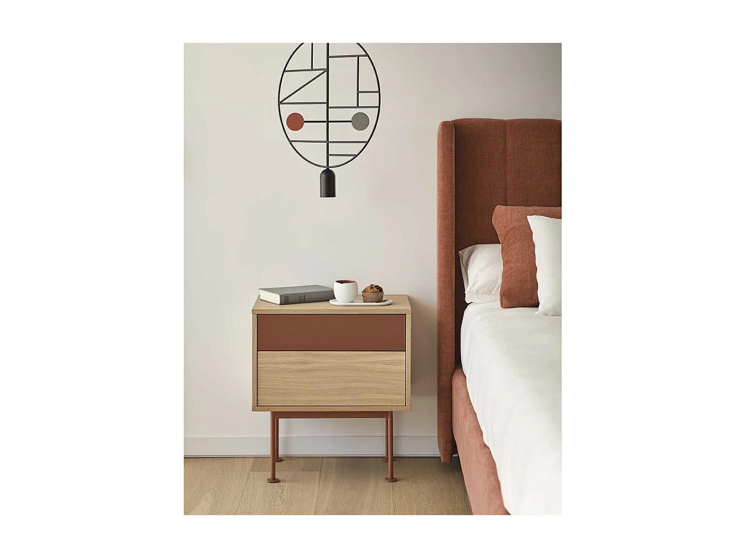 Table de chevet 2 tiroirs Chêne clair / Brique - TEULAT YOKO