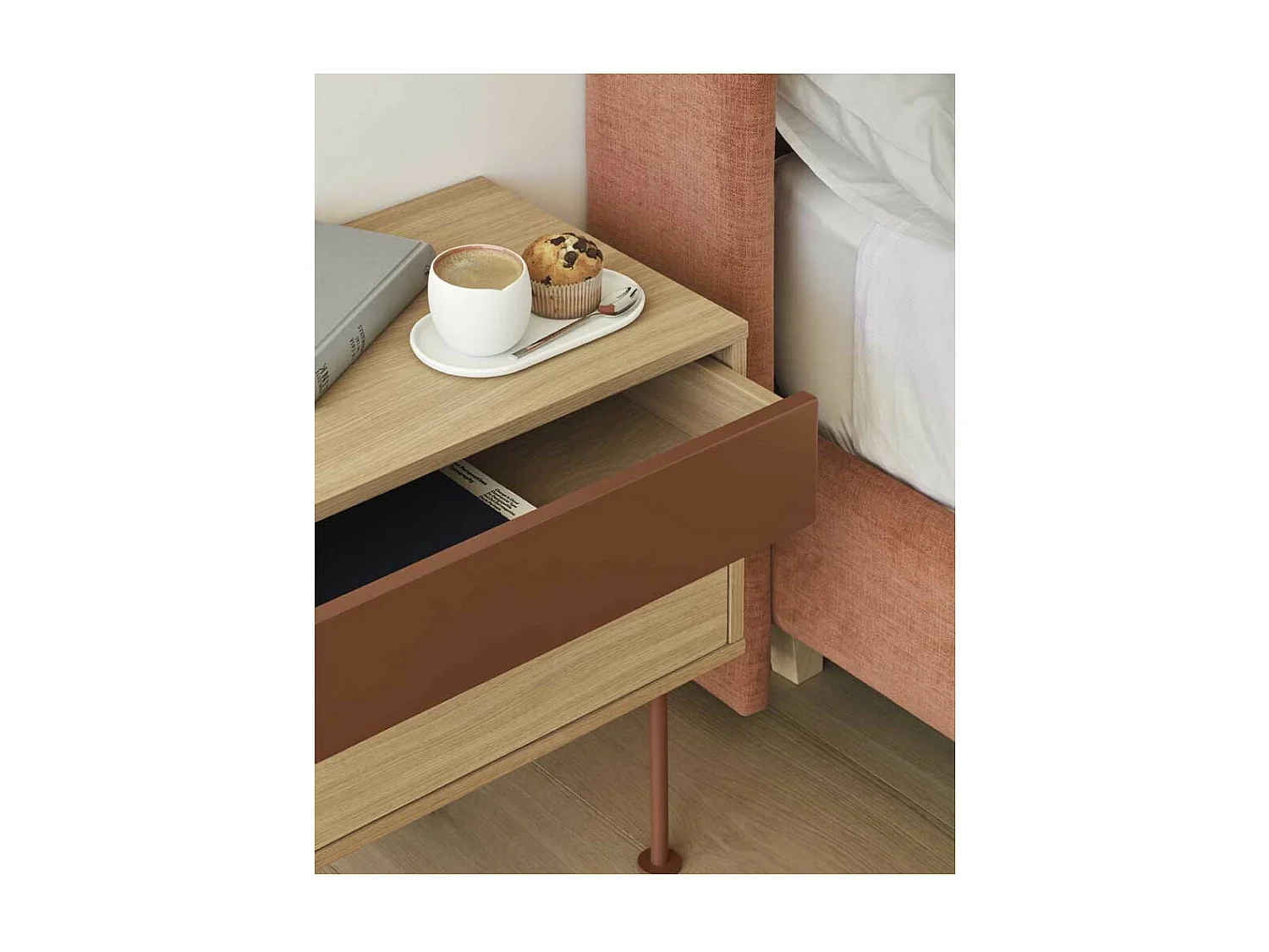 Table de chevet 2 tiroirs Chêne clair / Brique - TEULAT YOKO