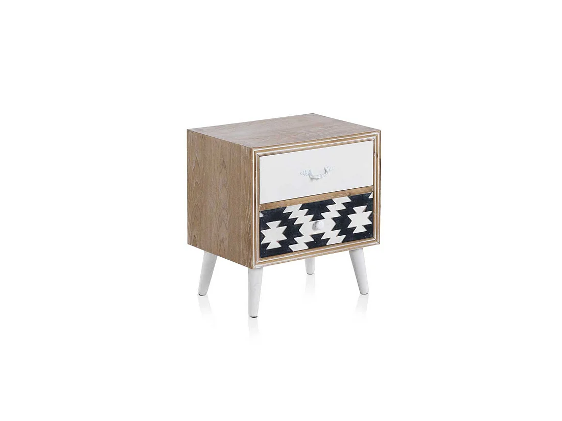 Table de chevet 2 tiroirs motifs géométriques Bois/Blanc/Noir - AMBER