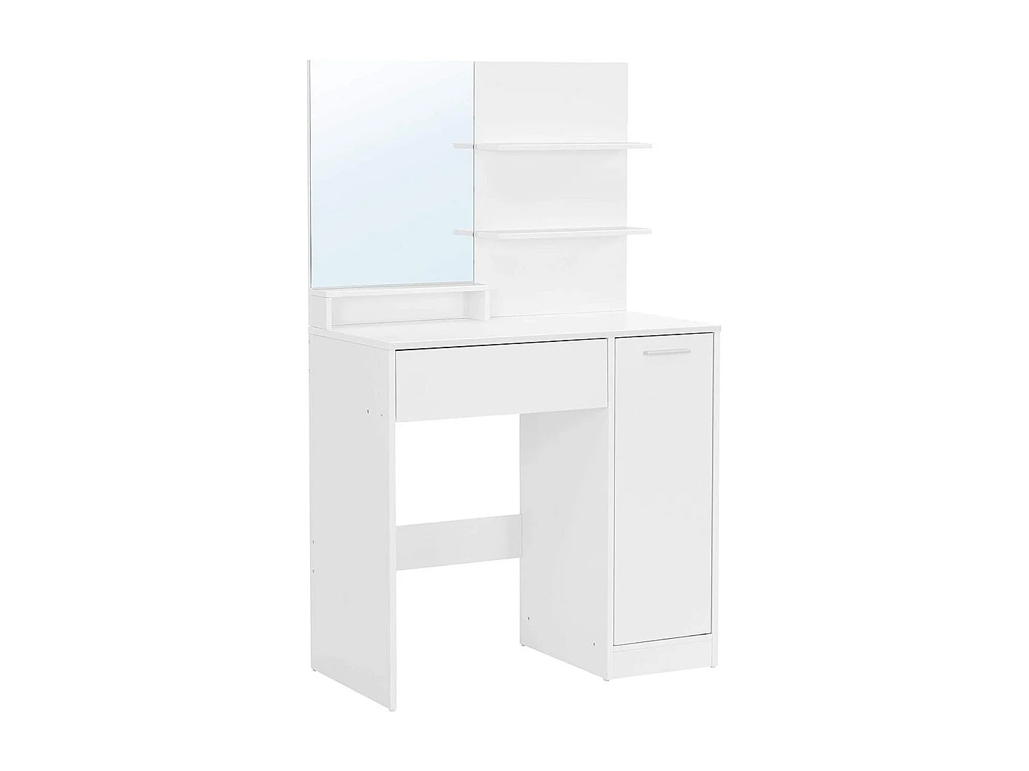 Tocador blanco con espejo, 1 cajón, 2 estantes y armario de almacenamiento - L80 x H132 cm