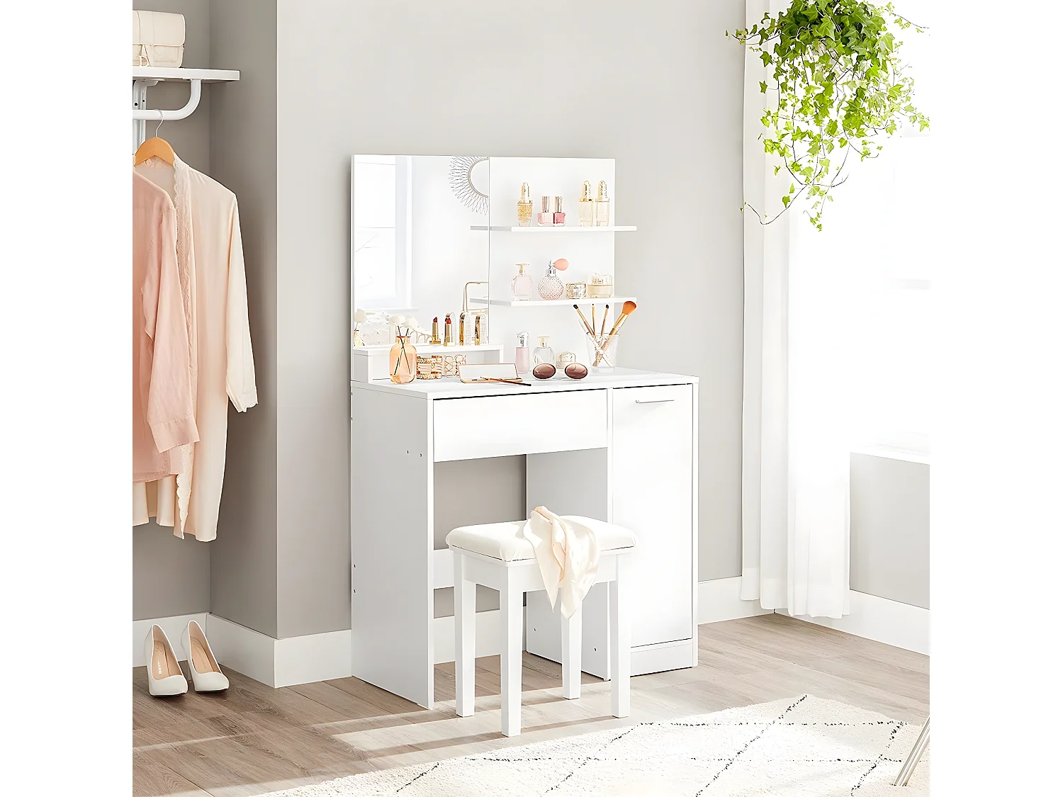 Tocador blanco con espejo, 1 cajón, 2 estantes y armario de almacenamiento - L80 x H132 cm