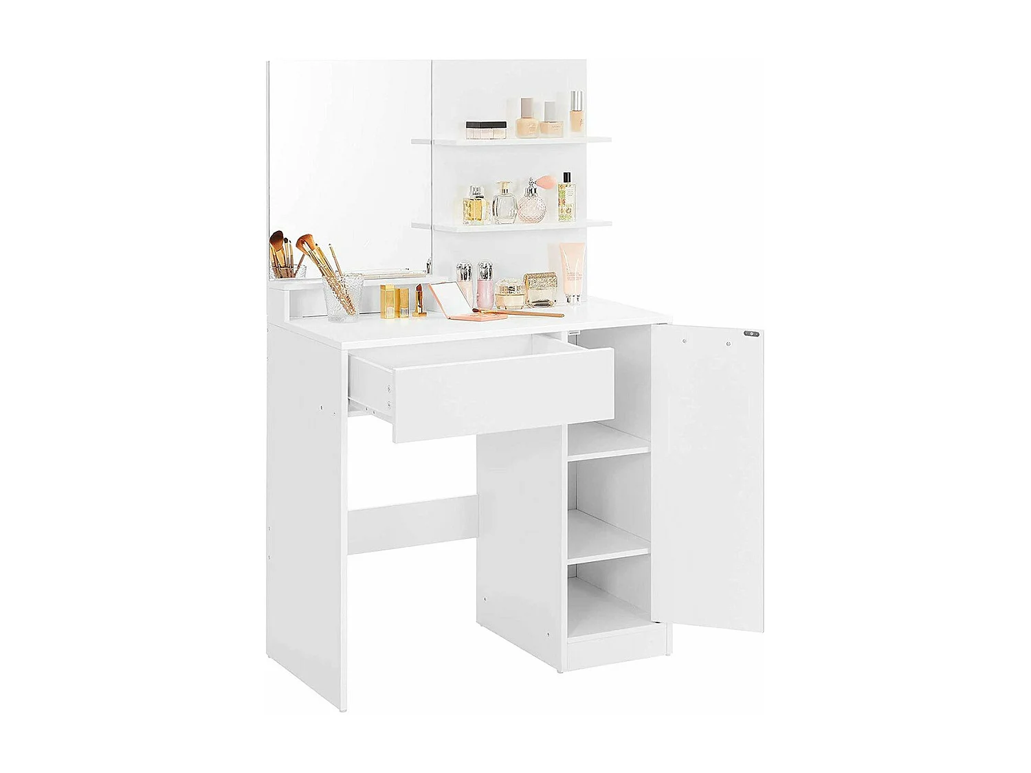 Tocador blanco con espejo, 1 cajón, 2 estantes y armario de almacenamiento - L80 x H132 cm