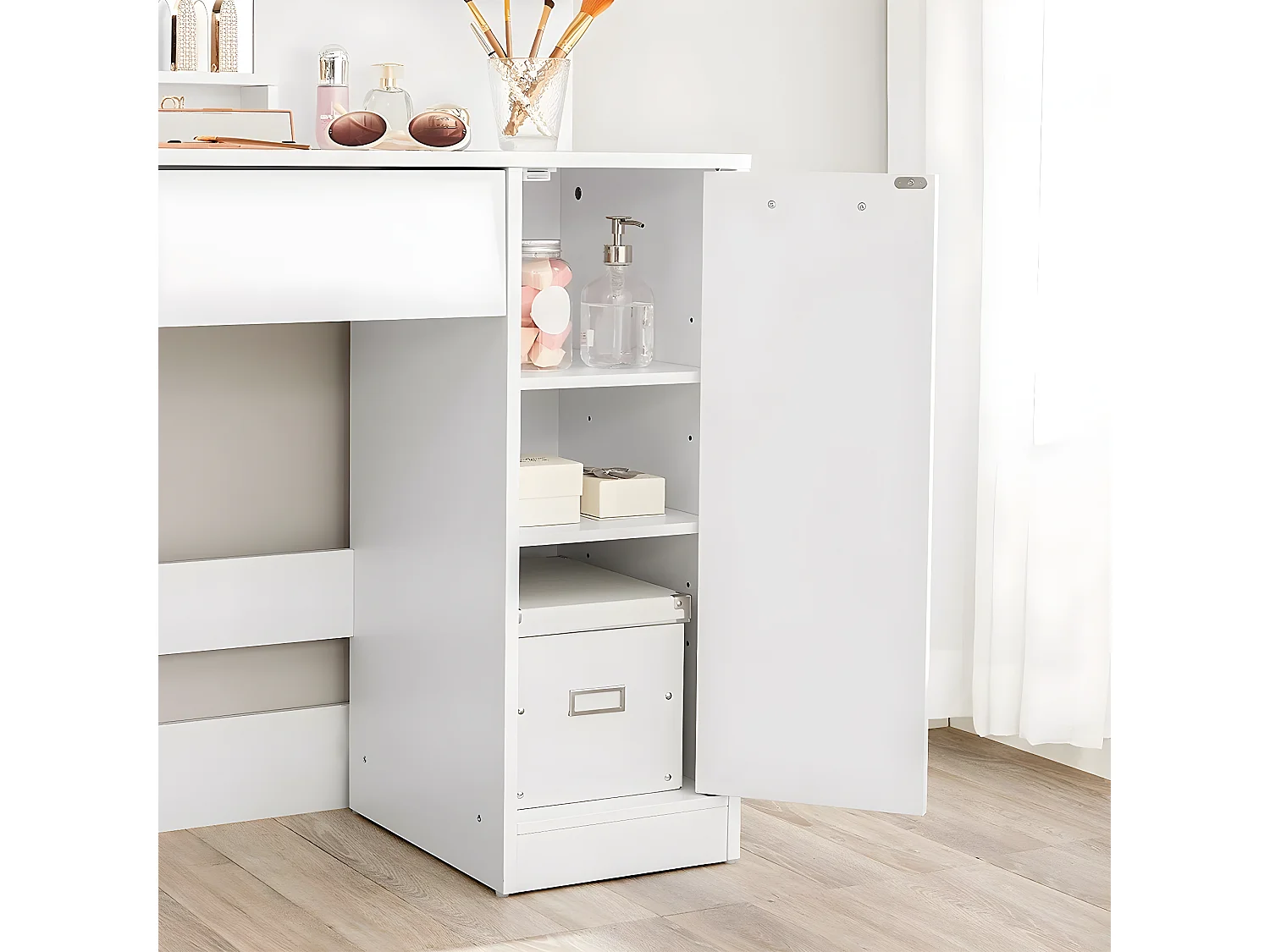 Tocador blanco con espejo, 1 cajón, 2 estantes y armario de almacenamiento - L80 x H132 cm