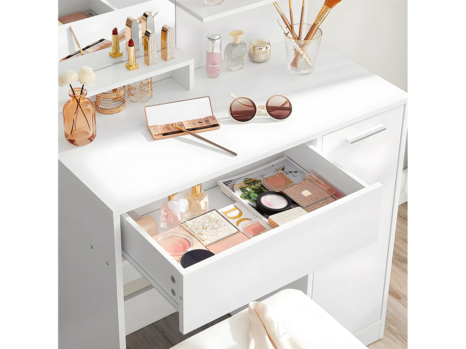 Tocador blanco con espejo, 1 cajón, 2 estantes y armario de almacenamiento - L80 x H132 cm