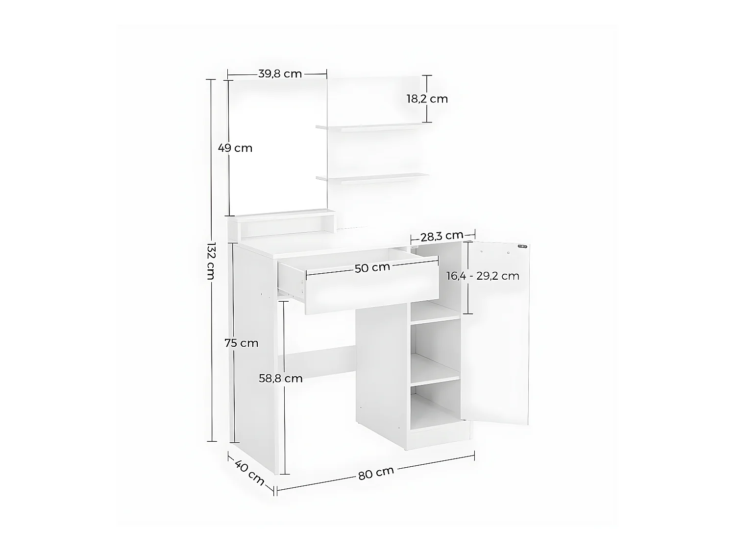 Tocador blanco con espejo, 1 cajón, 2 estantes y armario de almacenamiento - L80 x H132 cm