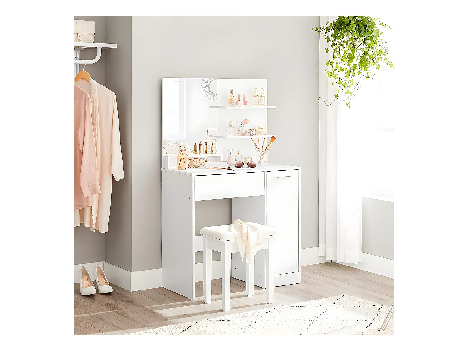 Coiffeuse blanche avec miroir, 1 tiroir, 2 étagères et armoire de rangement - L80 x H132 cm