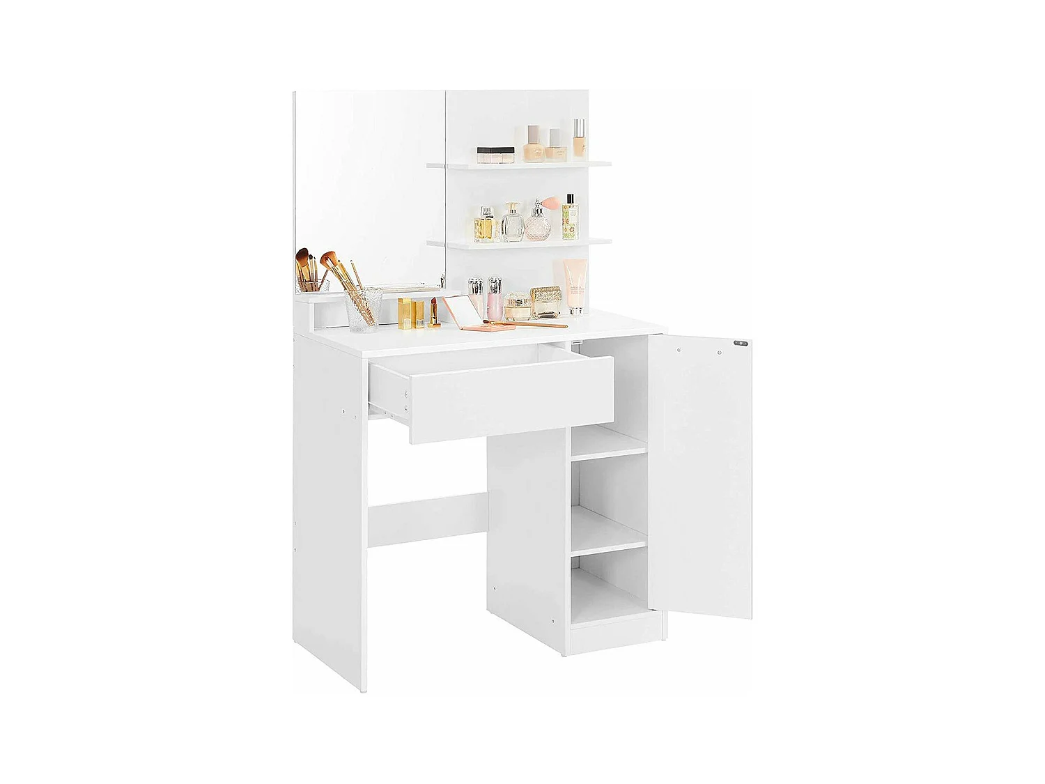 Coiffeuse blanche avec miroir, 1 tiroir, 2 étagères et armoire de rangement - L80 x H132 cm