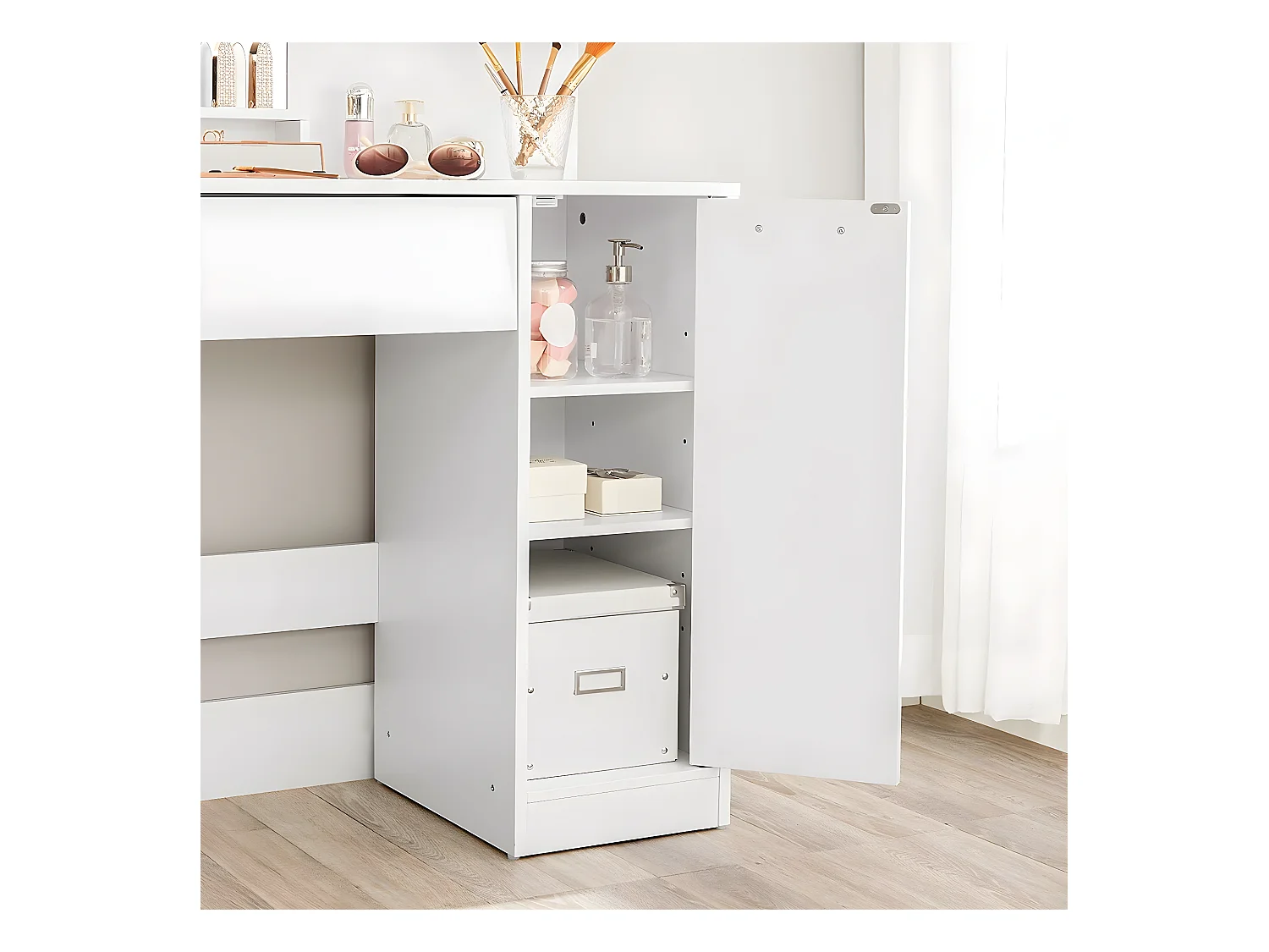 Coiffeuse blanche avec miroir, 1 tiroir, 2 étagères et armoire de rangement - L80 x H132 cm