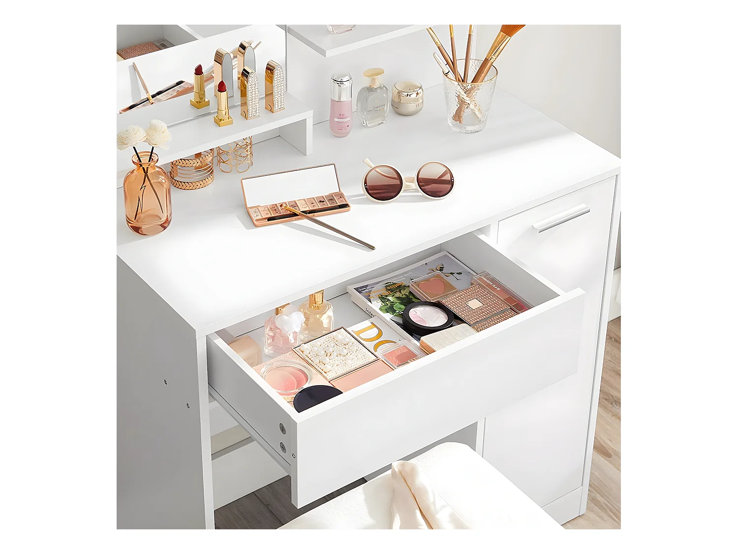 Coiffeuse blanche avec miroir, 1 tiroir, 2 étagères et armoire de rangement - L80 x H132 cm